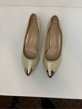 Gold Metallic Pointed Toe Kitten Heel Pumps Cat Toe Cap Womens US 6.5
